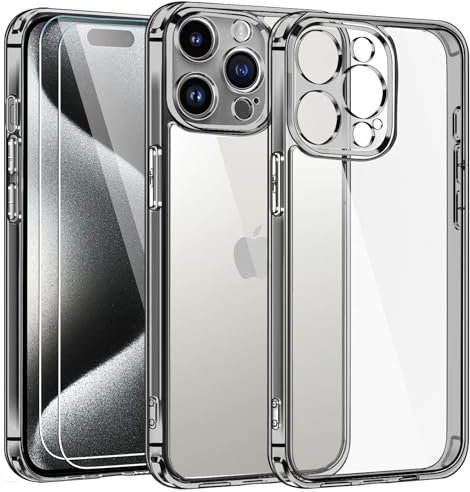ivoler 3 in 1 Hülle für iPhone 15 Pro 6.1 Zoll, mit 2 Stück Schutzfolie, [Nie Vergilbung] [Militärischer Schutz] [Kameraschutz] Dünn Transparent Stoßfest Schutzhülle Kratzfest Case - Schwarz