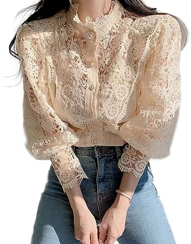 Camisas Casuales Para Damas - Camisa De Manga Larga Para Damas Primavera Otoño Moda Negro Vintage Cuello Alto Camisa Con Recorte De Encaje Suelta Túnica De Un Solo Pecho Top Elegante Fiesta De Ne