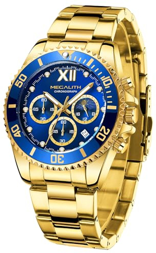 MEGALITH Uhren Herren Chronograph Edelstahl - Herrenuhr Gold Blau Moon Phase 43mm Designer Wasserdicht Armbanduhr Herren Groß Datum Leuchtende Männer Uhr Analog Quarz, Geschenk für Männer