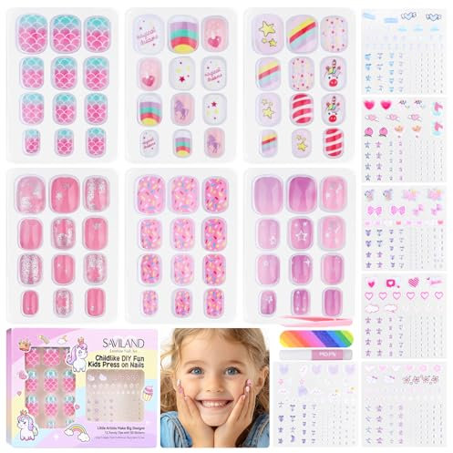 SAVILAND Creative Press on Nails for Kids: 6 Pack Children Fake Nails with 3D Stickers for 8-12 Years Girls Gifts Pre-Glue Full Cover Short Acrylic Nail Artificial False Nail Tips Nail Art Decoration