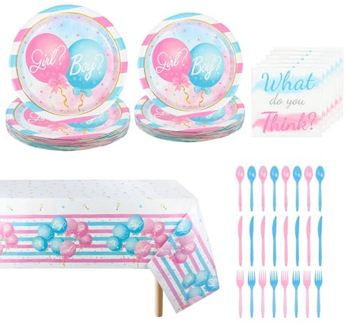 fanquare Juego de vajilla para fiesta de revelación de sexo 121 piezas Rosa Azul Ballon Patrón Niño o Niña Juegos de platos 20 invitados Platos de papel Servilletas Juego de cubiertos y mantel
