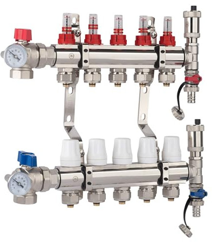 AQUA HEATING Heizkreisverteiler Für Fußbodenheizung 5 Heizkreise 10 Bar Verteiler Set Winkelventil PEX Verbinder Messing Verchromt
