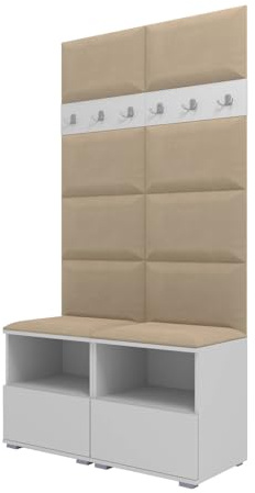 RAVIO Garderoben-Set NELA III mit Gepolstertes Paneel/Wandpaneel, Wand-Garderobe mit Zwei Schuhschränke, 100cm Flurgarderobe, Kompaktgarderobe (Weiß + Beige (Trinity 04))