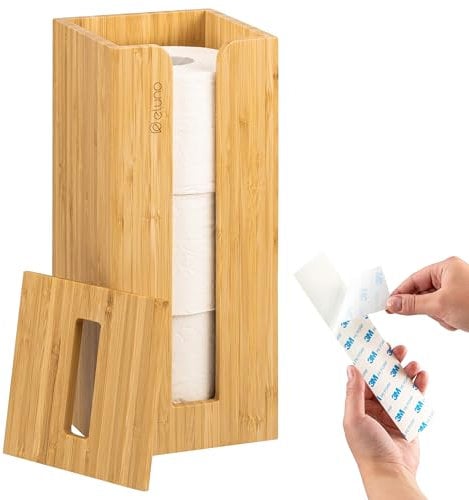 eluno Portarrollos de papel higiénico para 3 rollos de bambú de repuesto con diseño natural, portarrollos con tapa, portarrollos de papel higiénico recargable, para pegar con pegamento 3M o taladrar