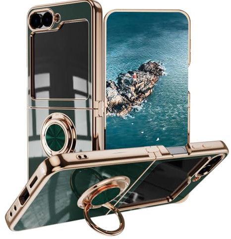 BORYA Cover per Samsung Galaxy Z Flip5 (Flip 5) 5G, Morbida Silicone TPU Bumper Ultra Sottile Antiurto Antigraffio Custodia, Placcatura Phnom Penh Anello Supporto Case, Verde Scuro