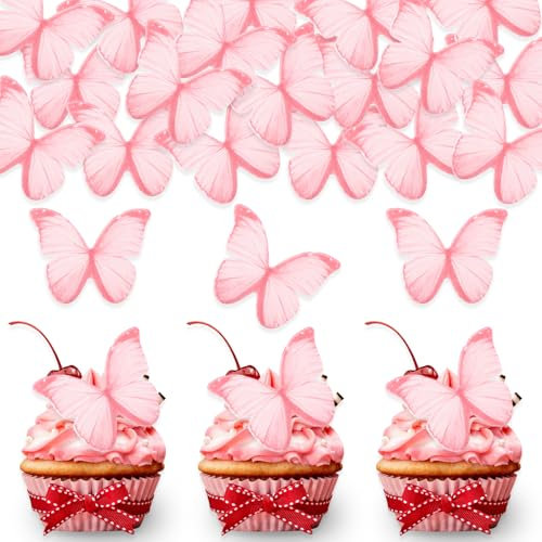 DazzJoy 60 Stk Schmetterlinge Esspapier Tortendeko Mädchen, Essbare Schmetterlinge für Torte, Tortendeko Essbar Schmetterling Deko Geburtstag, Rosa Schmetterling Torten Deko Essbare für Hochzeit Taufe