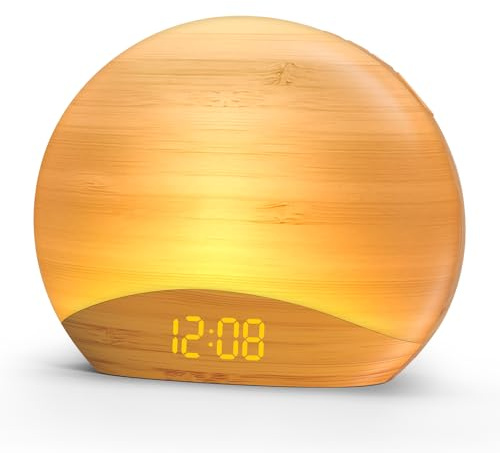 REACHER Wood Grain Sunrise Alarm Clock, Bluetooth Speaker, FM Radio & Light
