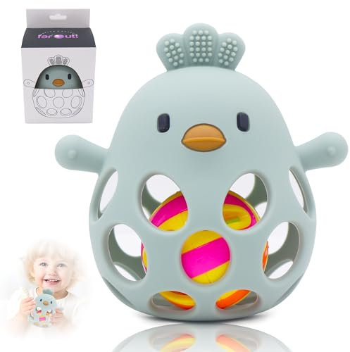 farout Montessori Beißring & Rassel für Babys - Sensorik Spielzeug ab 0 Monate, Zahnungshilfe & Greifball - Geschenk für Jungen & Mädchen (Sage Green)
