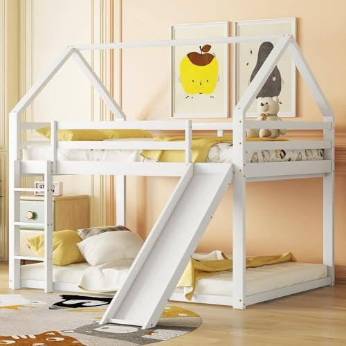 KOMHTOM Lit Superposé Cabane en Bois avec Toboggan et Échelle, Clôture de Sécurité, Support à Lattes, Cadre de Lit pour Chambres à Coucher, Pin (Sans Matelas) (Blanc)