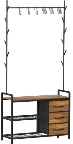 Leader Accessories Garderobenständer mit Bank Metallgarderoben rustikal Kleiderständer 176x30x84cm (HxTxB) Schwarz/Braun