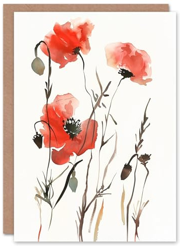 Artery8 Greeting Card Watercolour Poppy Flowers Bright Abstract Floral Blank For Him Or Her Art Memorial Day Card
