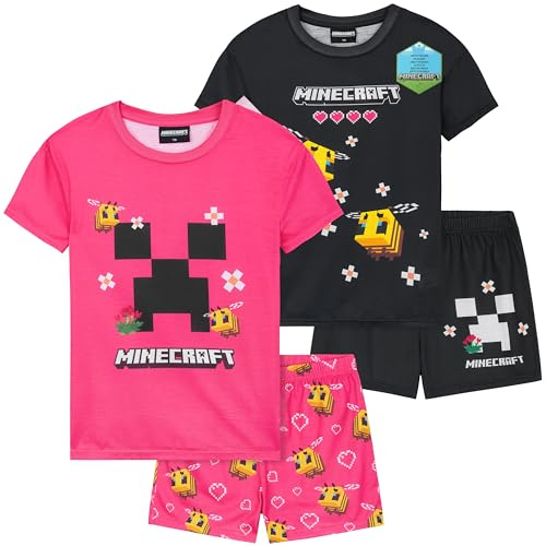 Get Trend Minecraft PJs for Girls Pack of 2 Short Sleeve Pyjamas Set for Kids Teens Creeper Lounge Sets Nightwear Soft Comfy Sleepwear Gifts for Girls (11-12 Years, Black/Pink Minecraft)