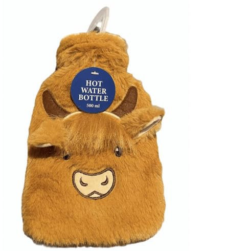 Plush Highland Cow Hot Water Bottle, 500 ml, Brown Furry Cover