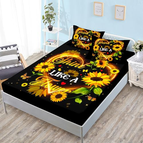 Spannbettlaken 180x200cm Schwarzes Herz Sonnenblume Betttuch Bettlaken 180x200 Polyester Spannbetttuch Bettbezug 180 x 200 Atmungsaktiv Bed Linen Knitterfrei Bettbezug 30cm Tiefe Matratzenbezug