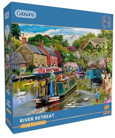 Gibsons River Retreat 500 Piece Jigsaw Puzzle Beautiful Colourful Artwork Canal Boats Nostalgic Sustainable Jigsaw Puzzle for Adults Teens Premium 100% Recycled Board Great Gift | Gibsons Games