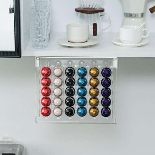 Rangement Capsule pour Nespresso Original 30 Dosette avec Tiroir Rabattable,Porte Distributeur Support Capsule Adhésif pour RV et Cupboard,Cuisine,Armoire Murale,Placard (Blanc & Transparent)