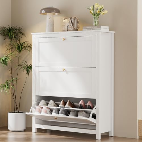 VOWNER Schuhschrank mit 3 Klappen, Schuhregal Schuhkipper Schmal, Schuhschrank Weiss, mit 6 Fächern, Schuhablage Verstellbar, 90 x 30 x 110 cm, für Eingangsbereich, Flur