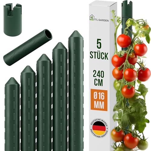 TTL GARDEN Rankstäbe 5er Set 240cm x 16mm Ø grün - extra stabil & rostfrei | 16 mm Rankhilfe Pflanzstäbe Stahl kunststoffbeschichtet Pflanzenstütze Blumenstütze - Tomaten Paprika Gurken Bohnen & Blumen