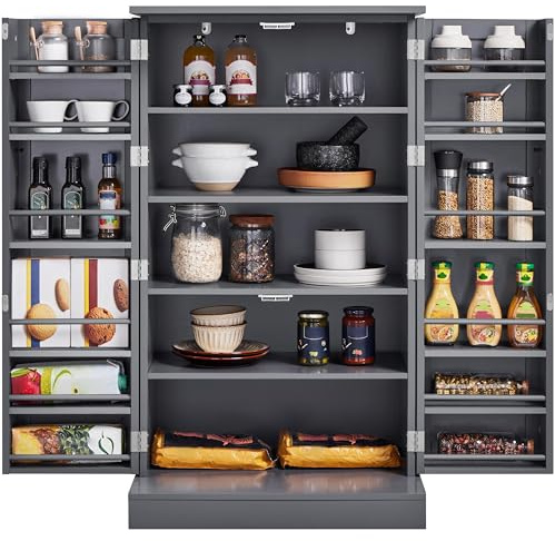 Yaheetech Kitchen Pantry Storage Cabinet with Doors and 6 Adjustable Shelves, Freestanding Pantry Cupboard for Kitchen, Dining Room, Living Room, Dark Grey