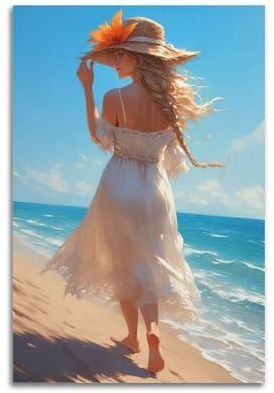 ZlXXYZ Living Room Art Wall Canvas Posters-Character Poster Beach Woman Straw Hat Aesthetic Illustration Decorative Painting 16x24inch(40x60cm) Unframe-style