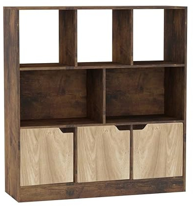 URBNLIVING Rustic Brown 8 Cube Asymmetrical Bookcase – Freestanding Storage Unit with 3 Doors - Basic Doors - Oak