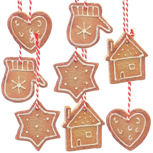 Anhänger Lebkuchen, 8 Stück: Kleine Weihnachtsanhänger Herz, Stern & Haus, Geschenkanhänger Weihnachten, Geschenk, Weihnachtsbaum & Zweige, Weihnachtliche Deko Geschenke, Baumschmuck Klein, 4 x 5 cm