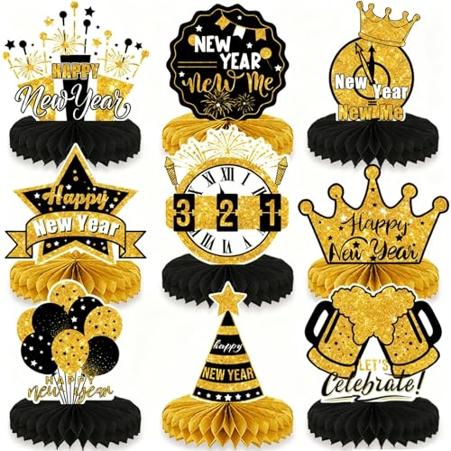 9 Stück Neujahr Wabendekoration,Neujahr Tischdekoration 2026, Bienenwabe Mittelstück Silvester Deko,Papier Bienenwaben Schwarz Gold Happy New Year Deko, 3D Frohes Neues Jahr Thema Tischdekoration