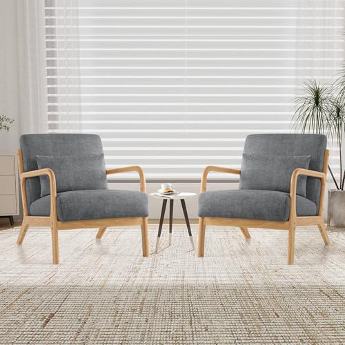 XH.Easy Go Modern Accent Chair Set of 2,Comfy Armchair with Pillow Wood Frame,Upholstered Mid-Century Reading Lounge Arm Chair for Living Room Bedroom,Darkgrey