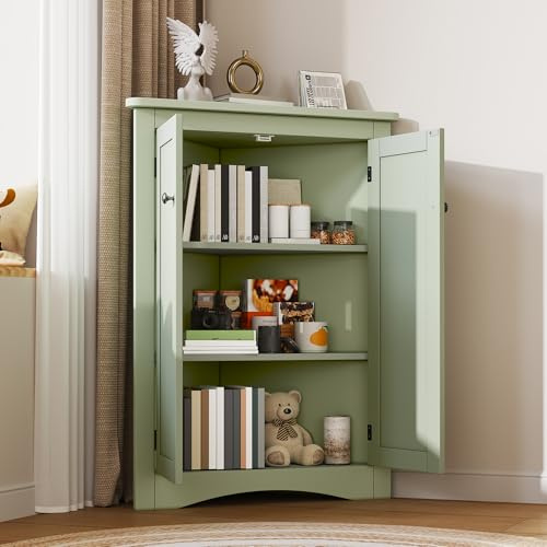 BTM Grüner Eck-Schrank für Badezimmer – Freistehender 2-türiger Dreiecks-Schrank mit 3 Ebenen, hochwertige MDF-Platte lackierter Oberfläche, platzsparend für Bad, Küche, Wohnzimmer (61,5 x 90 cm)