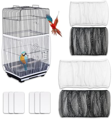 YinnFeen 4 Piezas Cubierta de Jaula, Cubierta Jaula de Pájaros, Ajustable Funda para Jaula de Pájaro Cubierta de Red Malla de Nylon Suave con Cinta De Gancho para Universales Jaulas