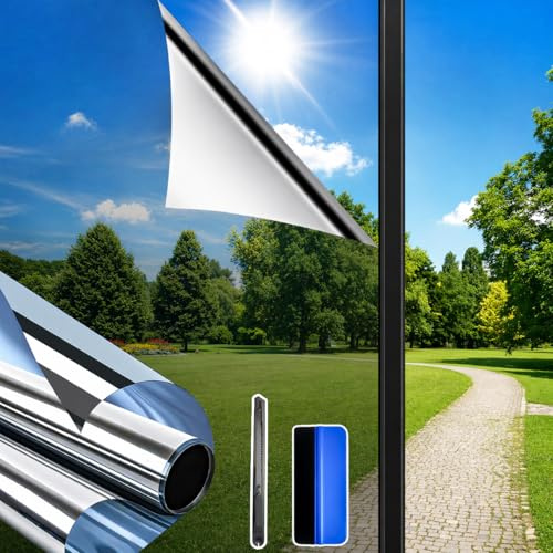 Weeoley Spiegelfolie Fenster Sichtschutz 90 x 200 cm Silber UV-Schutz | Sonnenschutzfolie mit Hitzeschutz, Selbstklebend, inkl. Montagematerial, Blendschutz für Wohnung & Büro, tagsüber blickdicht