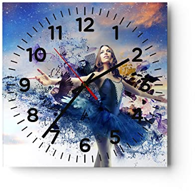 Modern Wanduhr Ballerina Tänzer Tüll Kleid 30x30cm Quadrat Klein Wand Uhr Glas Analog Zimmeruhren Küche Büro Wohnzimmer Glasuhr Wall Clock Dekoration Design Wanddekoration Küchenuhr C4AC30x30-2624