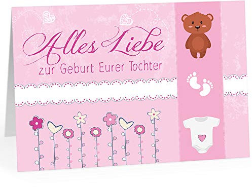 Große Design Glückwunsch-Karte XXL (A4) zur Geburt, Motiv: Alles Liebe zur Geburt Rosa Deko Elemente/mit Umschlag/Edle Klappkarte/Maxi Gruß-Karte/Baby geboren/Gratulation Eltern