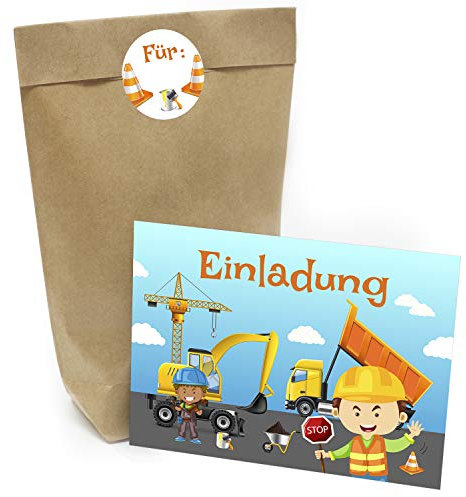 Kindergeburtstag Einladung Set mit je 8 Einladungskarten, Umschlägen, Tüten und Aufkleber - Motiv: Bauarbeiter auf der Baustelle