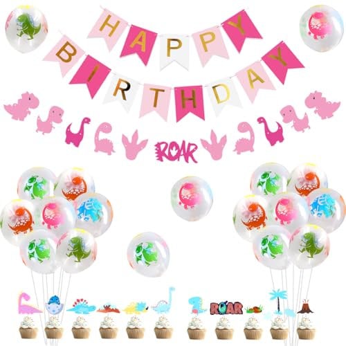 Kreatwow Dinosaur Birthday Party Decorations Pink Dinosaur Balloons Happy Birthday Banner Garland Cupcake Toppers for Dino Jungle Theme Birthday Decoration for Adult