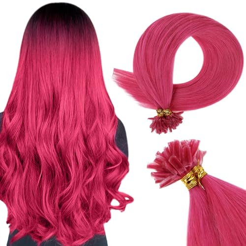 RUNATURE Bondings Extensions Echthaar Rosa U Tip Extensions Echthaar 55cm 25g Keratin Haarverlängerung Rosa Hot Fusion Extensions Menchliches Haar U Tip #Hot Pink