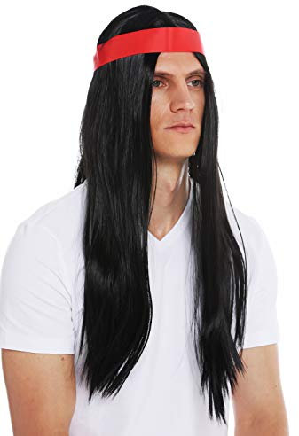 WIG ME UP - 7093-P103 Perücke Halloween Karneval Herren Damen 70s Hippie Indianer schwarz lang glatt Mittelscheitel Stirnband
