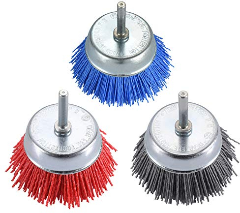 TILAX 3 Inch Abrasive Wire Cup Brush Assorted Cup Brushes 3 Pcs, Nylon Cup Brush for Drill 1/4 Arbor, Grit 80# 120# 320# Cleaning Rust, Stripping and Abrasive, for Drill Attachment