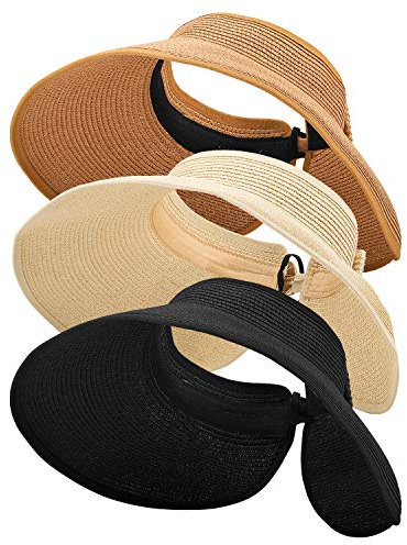 MEINICY Lot de 3 chapeaux de paille pliables pour femme, chapeau de plage d'été à large bord, protège votre peau facilement, Nature+noir+beige 3 pièces, Taille unique