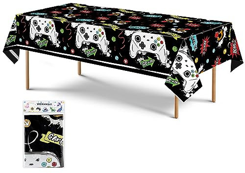 WERNNSAI Videospiel Tischdecke – 1 Stück 137cm x 274cm Spiele Geburtstags Party Dekoration für Jungen Kinder Gaming Geburtstags Tischabdeckungen Familie Spieleabend Dekoration Zubehör Schwarz
