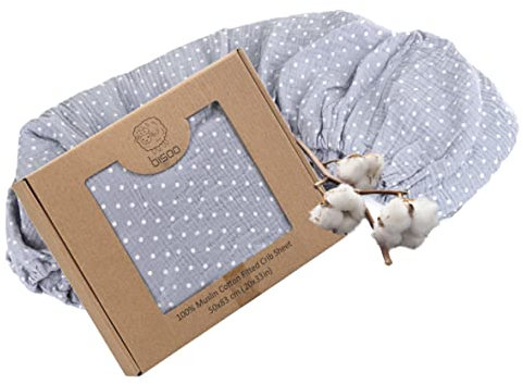 Bisoo Spannbettlaken Beistellbett 50x80 / 50x83-100% Musselin Spannbetttuch - Kompatibel Chicco Next2me Kinderkraft Maxi Cosi - Verstellbares Spannbettlaken Polka Dot Print Baby Blue
