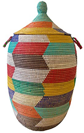 Wäschekorb Afrika - L/XL/XXL - Das Original aus dem Senegal - Zick Zack Bunt - Afrikanischer Flechtkorb mit Deckel - Großer Fair Trade Korb für Bade- / Wohn- & Kinderzimmer - Dekokorb (XXL)