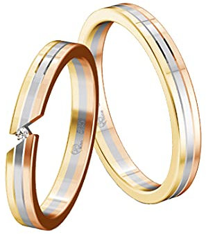 JC Trauringe Gold 585 Tricolor Paarpreis Poliert I Einzigartige Partnerringe in Gelb-, Weiß- & Rotgold mit Gravur in edler Schatulle I 2 Hochzeitsringe Herrenring & Damenring mit Stein I ICT23