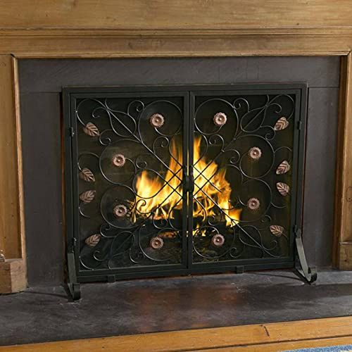 MMQGQ store Funkenschutz Rustikaler Kamin-Schirm Mit Scrolldrehtüren, Schwarzes Ende Feuer Funkenschutz Gitter Mit Metallstahlgitter Kamin Screens, 38,1 × 30.65inch