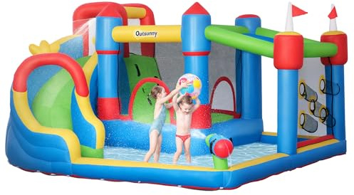 Outsunny 6-in-1 Inflatable Water Slide with Splash Pool, Slide, Climbing Wall, Water Cannon, Inflatable Bounce House for Kids with 2 Min. Inflation