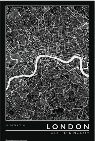 City Map - London - Poster Plakat Druck - Größe 61x91,5 cm + 2 St Posterleisten Kunststoff 62 cm schwarz