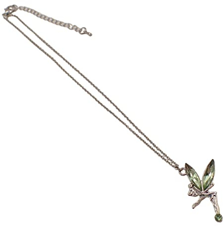 Topkids Accessories Sparkly Silver Necklace with Coloured Crystal Fairy Pendant For Ladies & Girls, Pretty Tinkerbell Style Fairy Crystals, Peter Pan Cottagecore Jewellery (Green Fairy Necklace)