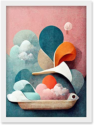 Doppelganger33 LTD Modern Boho Abstract Ship In Sky Clouds In Pastel Colours Toilet Artwork Framed Wall Art Print A4