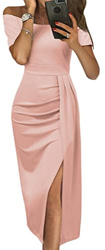 Tomwell Robe de Soirée Longue Femme Robe Latérale Paillettes Robe Cocktail Manches Longues Col en V Chic et Elegante Robes Clubbing A Rose S