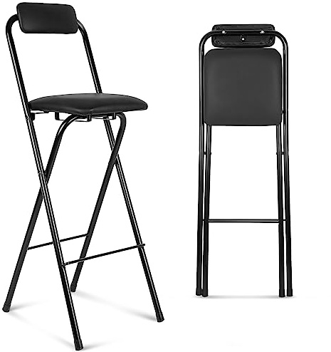 Thyle 1 Pcs Folding Bar Stool with Backrest, Tall Foldable Stool Chair Portable High Folding Bar Chair Counter Height Seat Leather Padded for Kitchen Island Shop Cafe Dining Room Black (29.5 Inch)